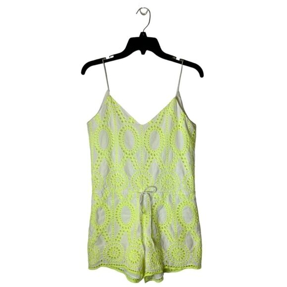DV Dolce Vita Romper Women Small Yellow Neon Eyelet Lace‎ V Neck Tie Back Shorts - Picture 2 of 12